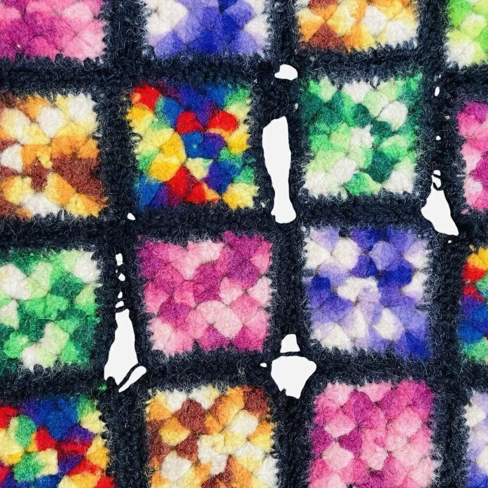 Vintage Handmade Crochet Colorful Granny Square Afghan Throw 35 x 34 Couch Sofa